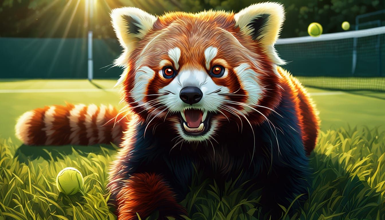 Red Panda Serves on Emerald Tennis Court