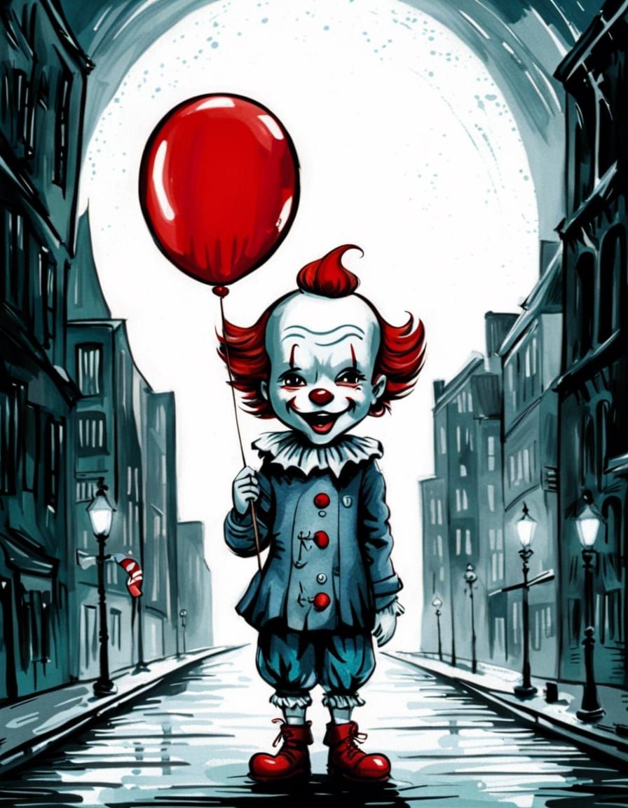 Chibi Pennywise Caricature in Rainy Street, Expressionistic ...