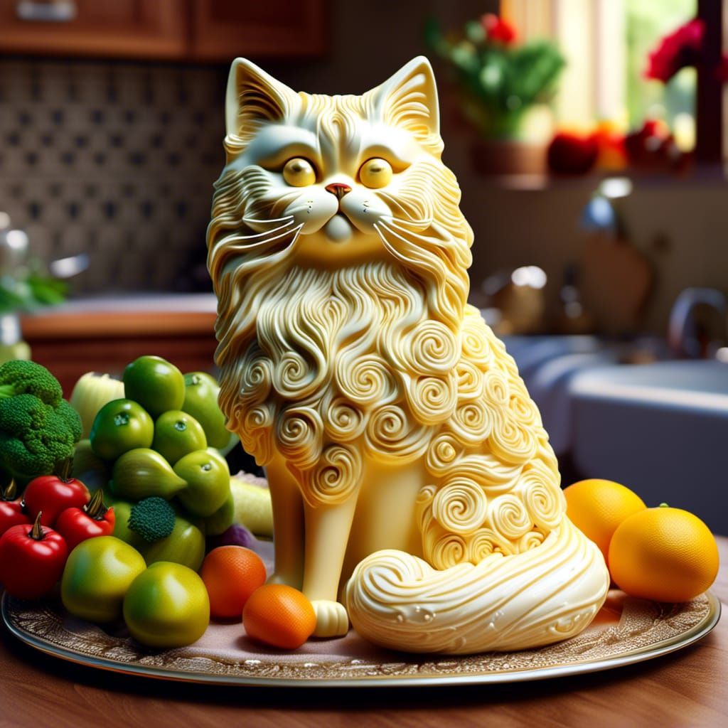 Butter Cat Sculpture in Rustic Italian Kitchen