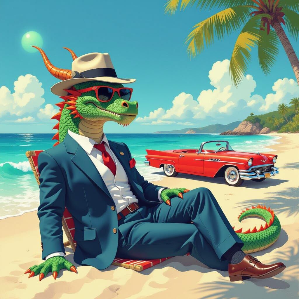 Dragon in 1950s Suit on Retro Beach