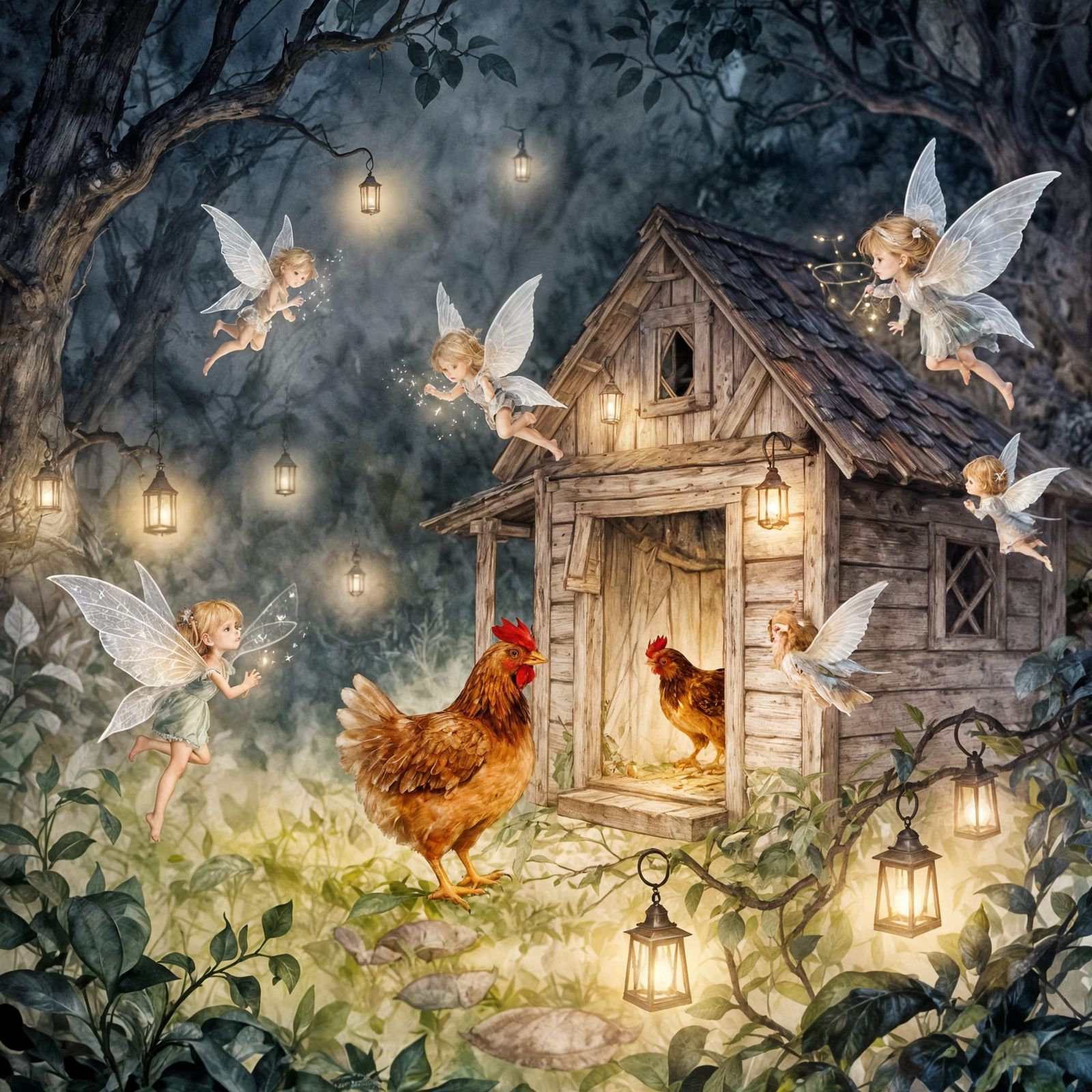 Whimsical pixies with delicate, translucent wings flutter around a rustic chicken coop, their tiny forms illuminated by ...