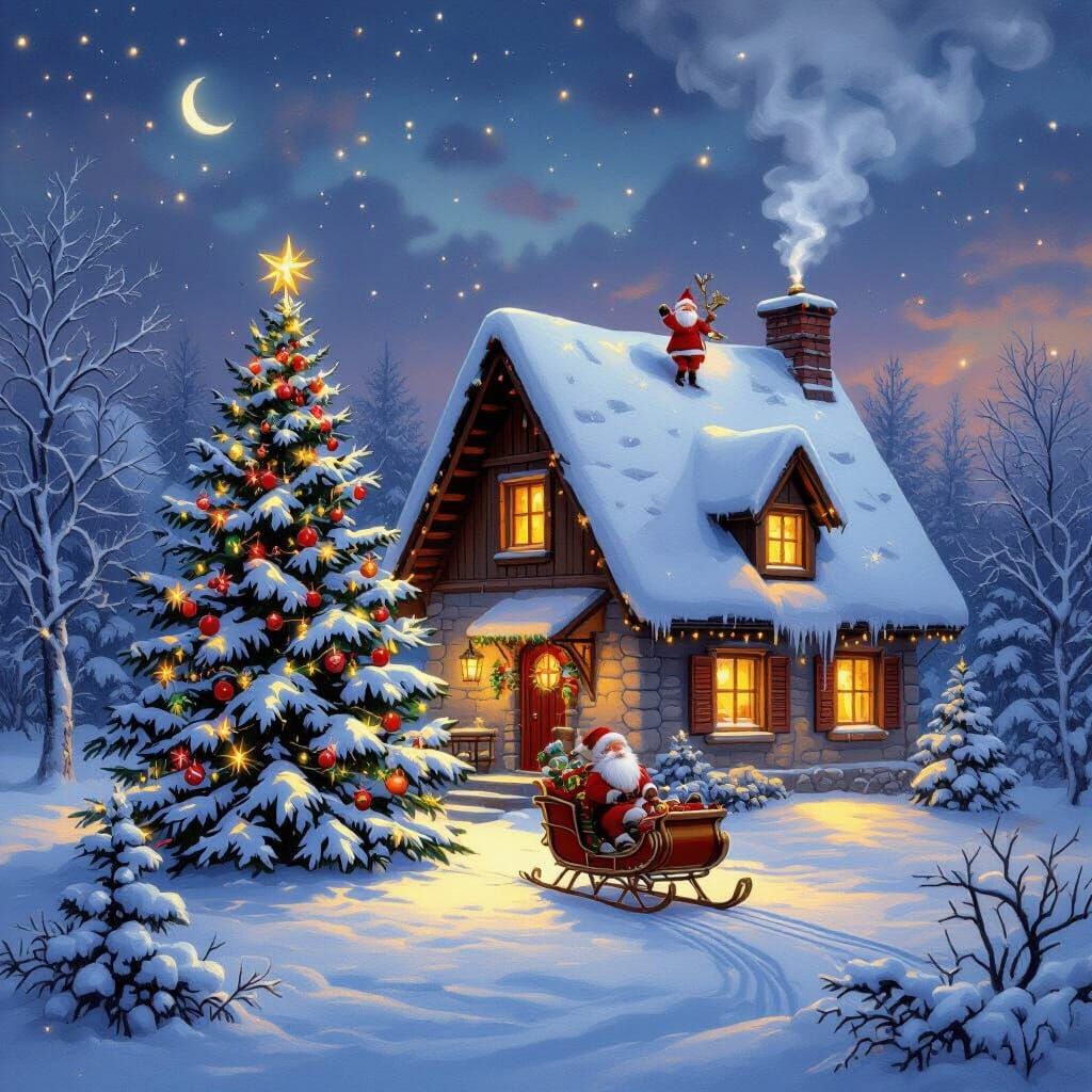 Cozy Winter Scene with Santa's Sleigh and Christmas Tree