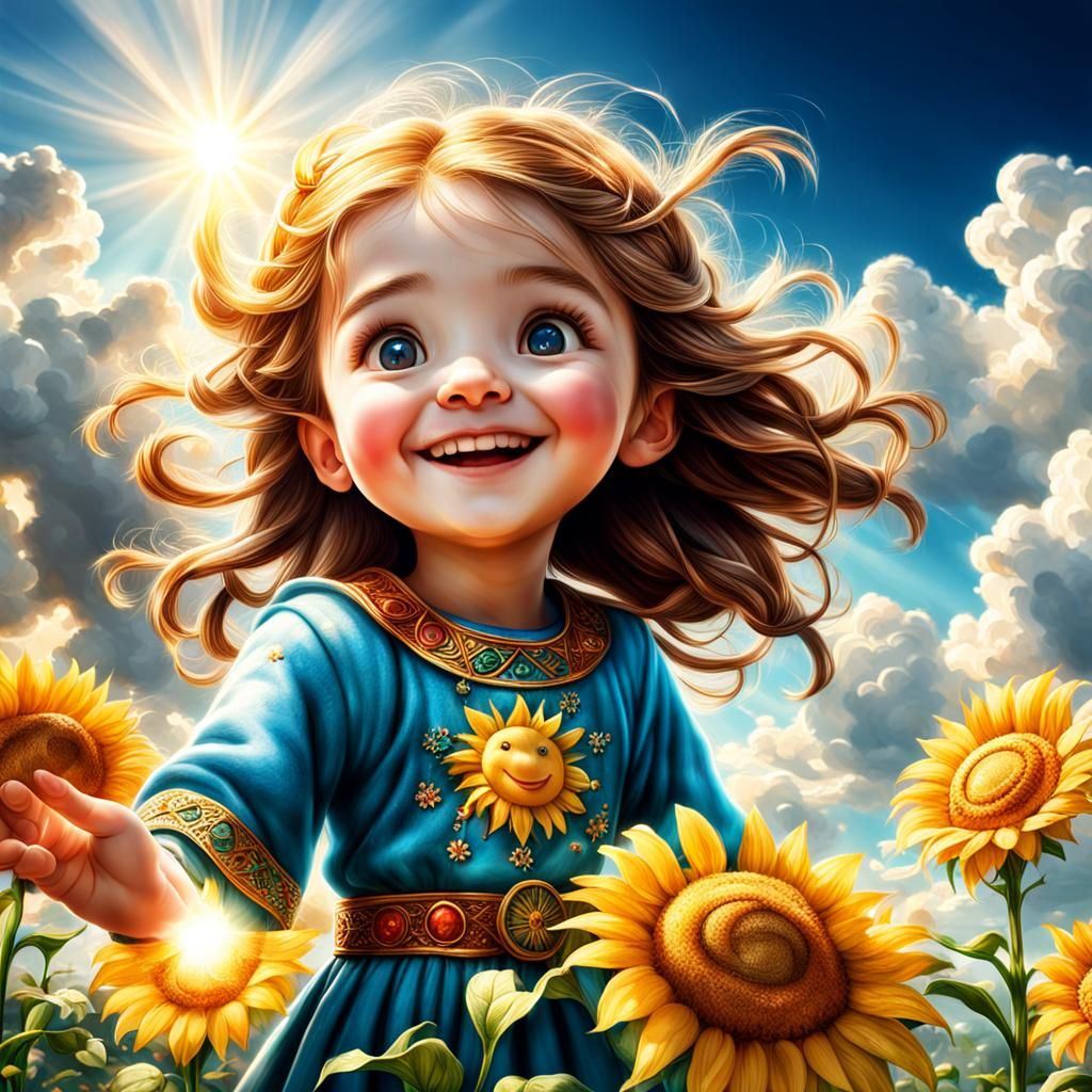Joyful Characters in Divine Sunshine, Hyperrealistic Digital...