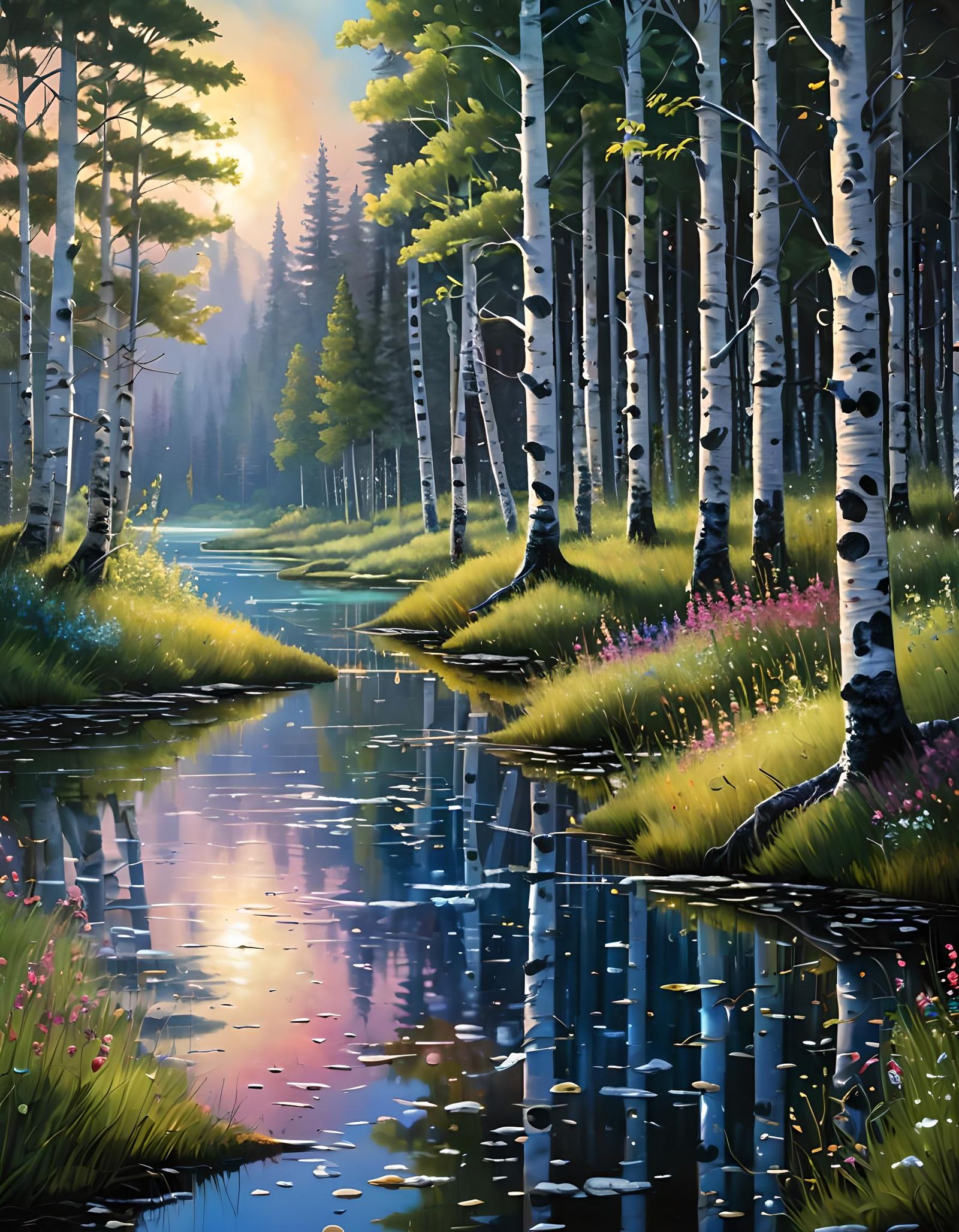 Aspen Stand by Lake with Iridescent Dewdrops