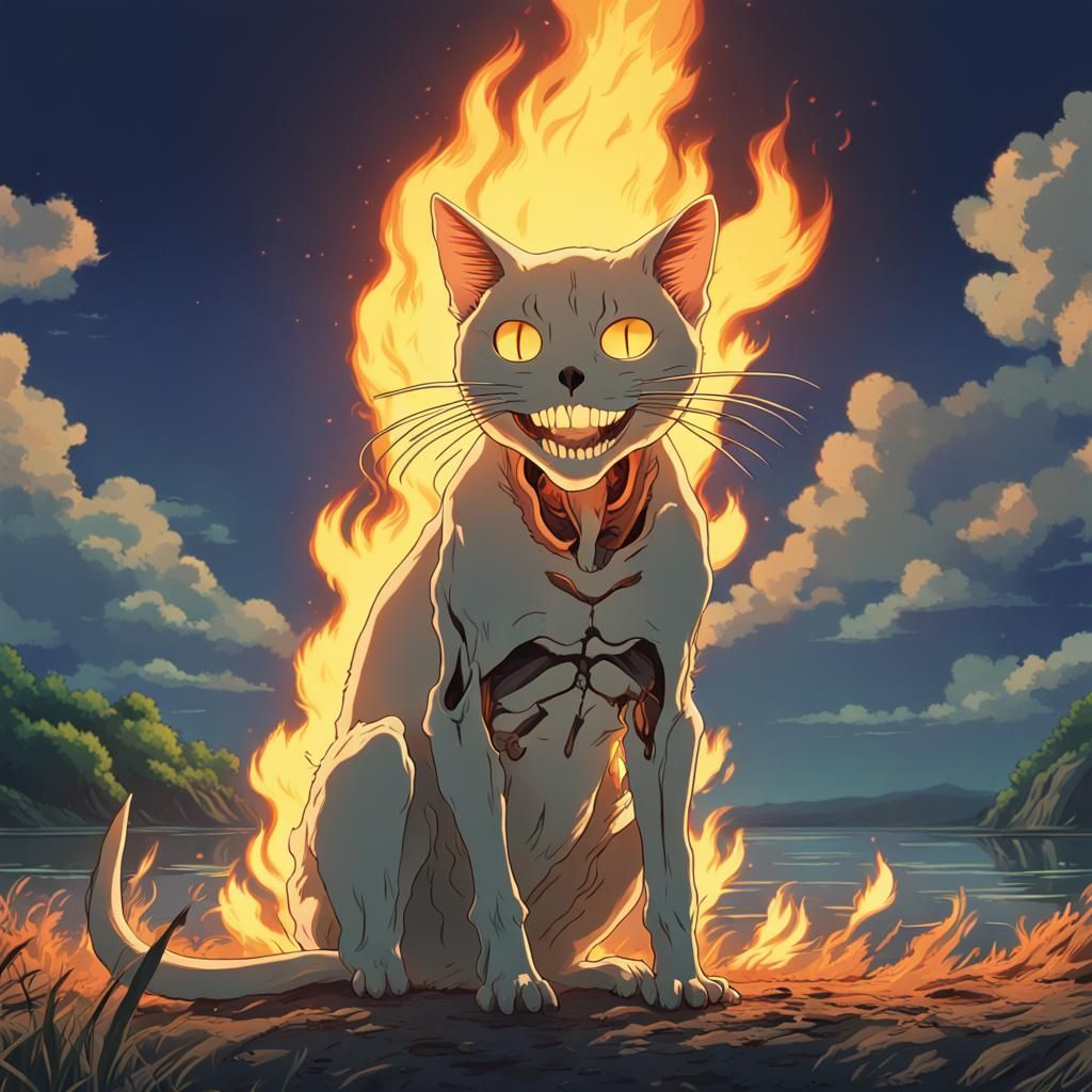 Fiery Cat Skull in Studio Ghibli Anime Style