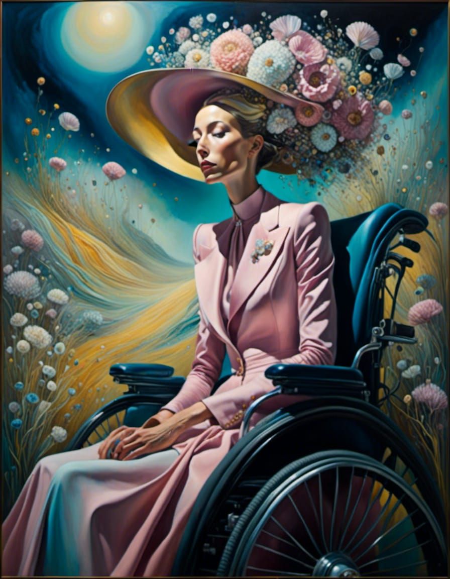Surreal Woman in Wheelchair Under Dreamy Sky