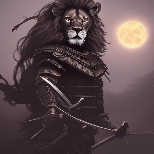 Samurai Lion in Dark Fantasy Landscape