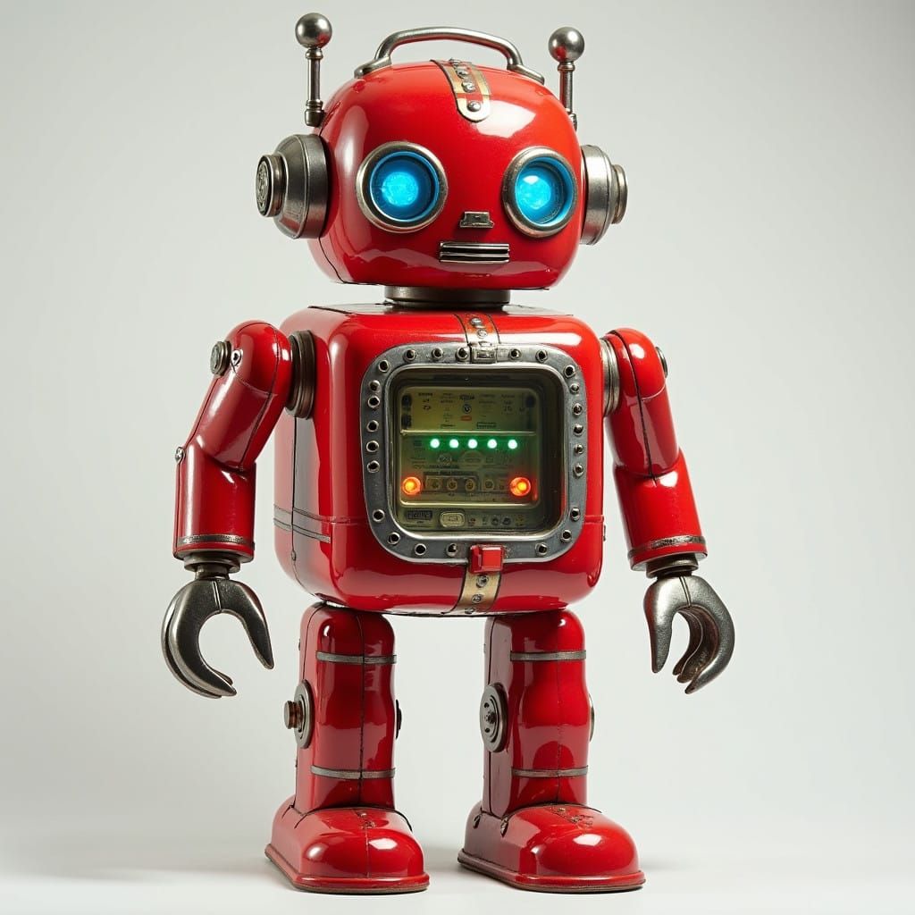 Vintage Retro-Futuristic Robot Toy in Bright Red