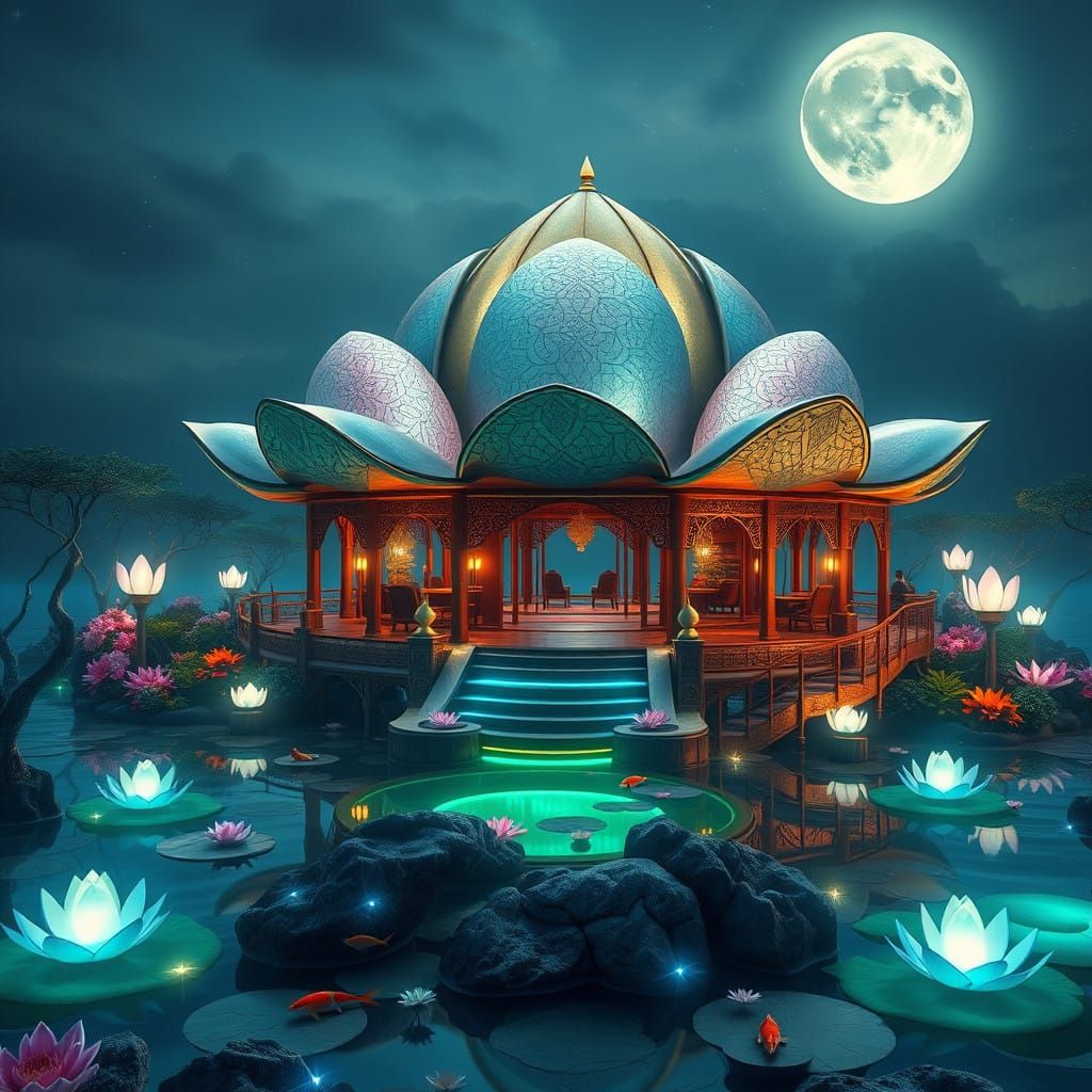 Dreamlike Lotus Pavilion in a Secluded Cove