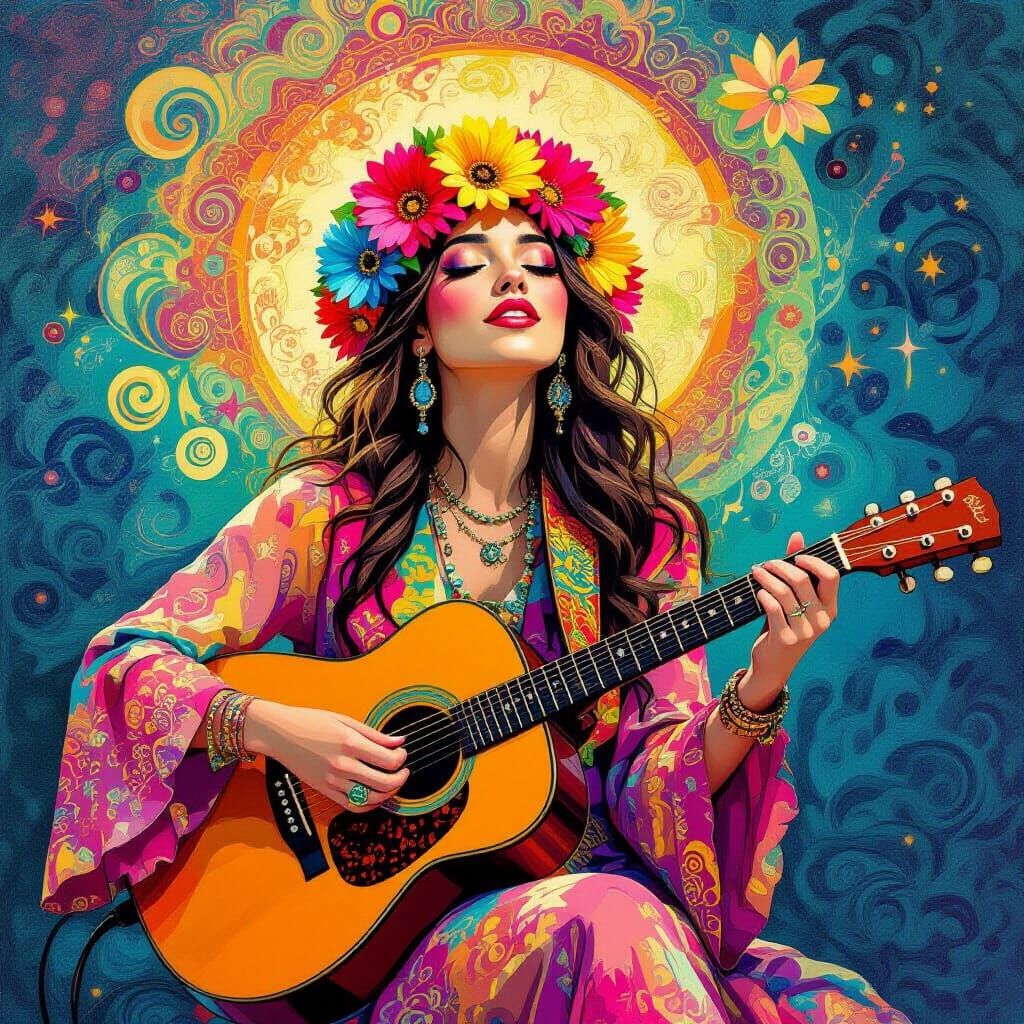 Psychedelic Flower Child Guitarist in Vibrant Dreamscape