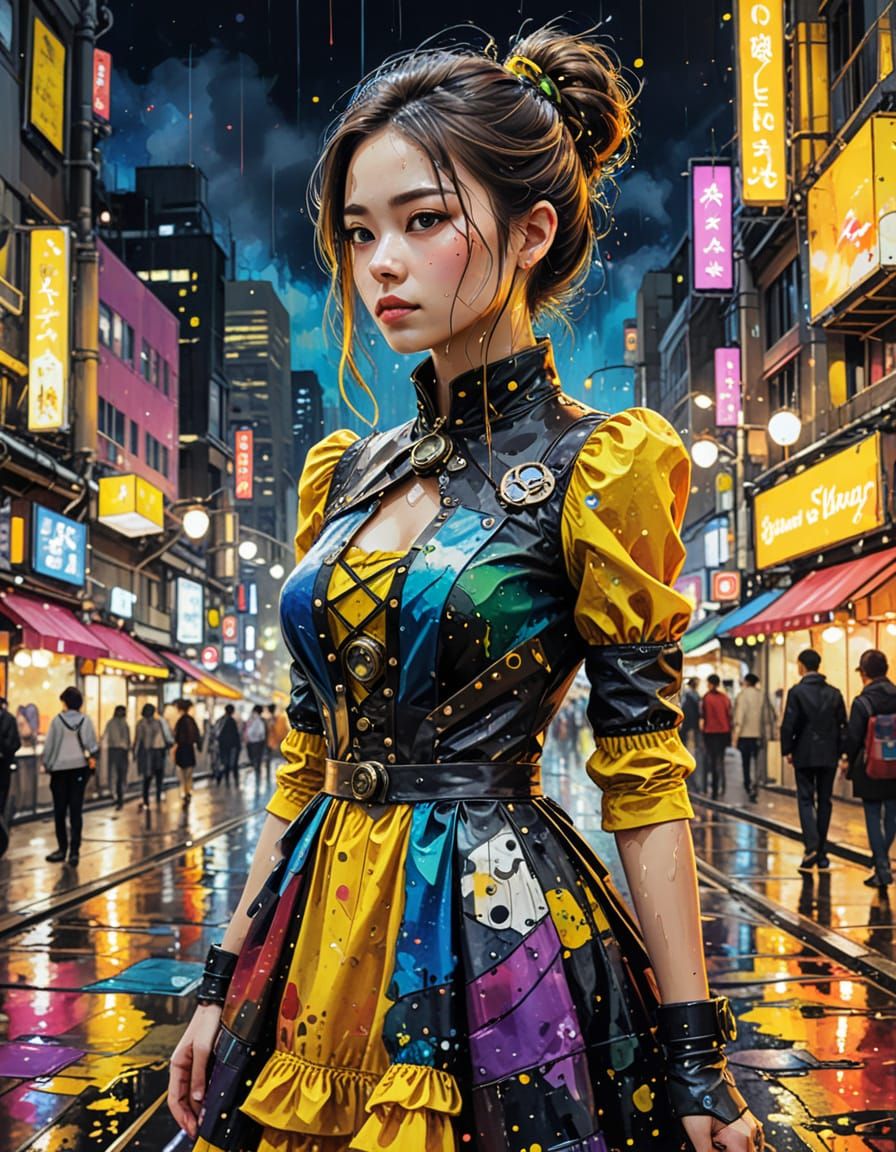 Steampunk Voyager in Rainbow Dress, Tokyo Night