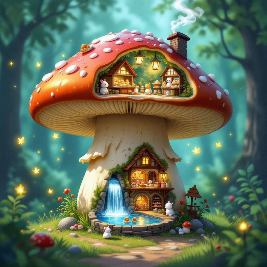 Enchanted Mushroom Village in Magical Forest Clearing