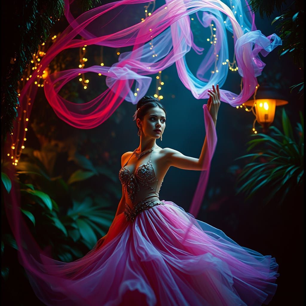 Ballerina in Mystical Setting: A Cinematic Still