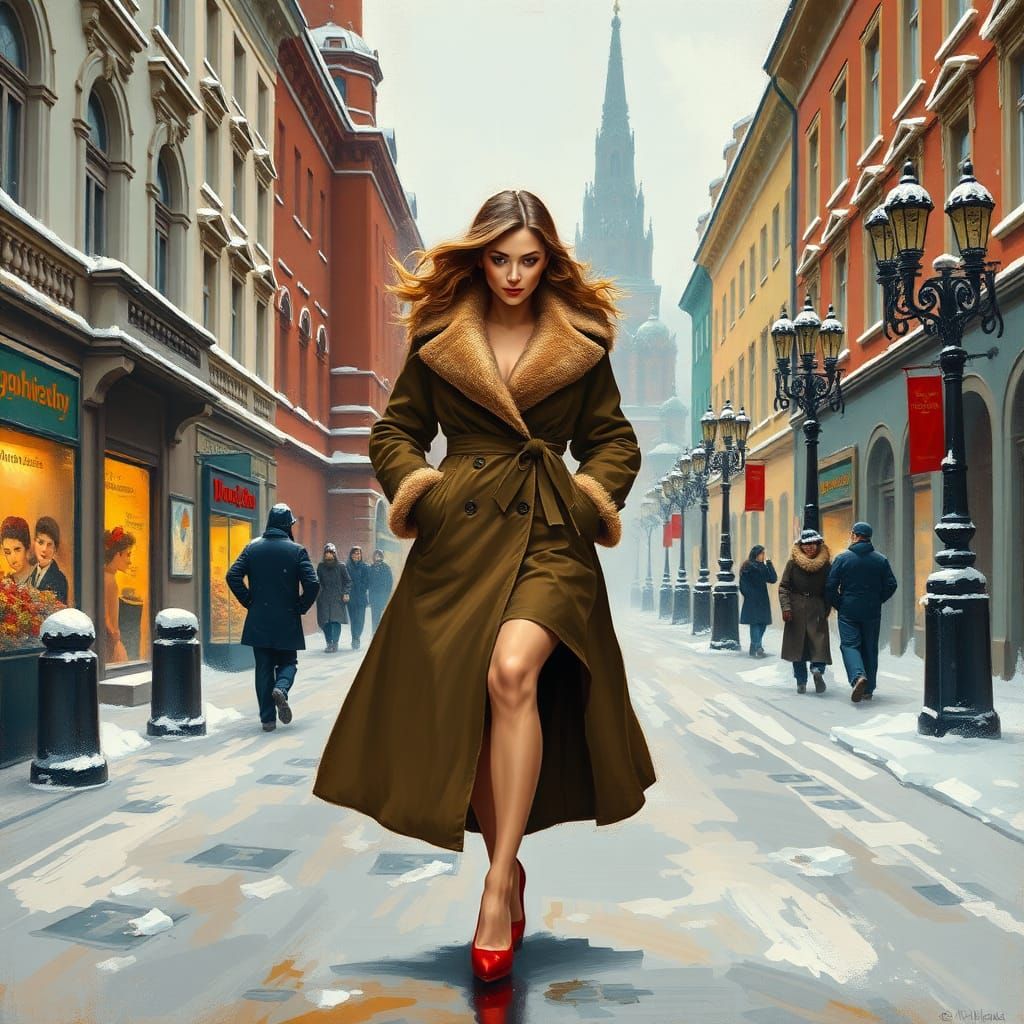 Elegant Woman Walking in Snowy Moscow Street