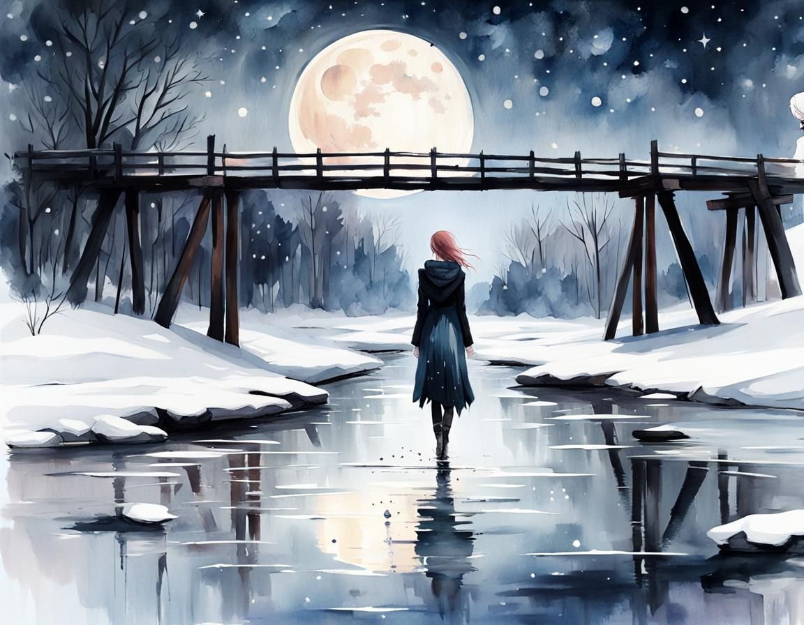 Woman on Frozen River, Watercolour Art