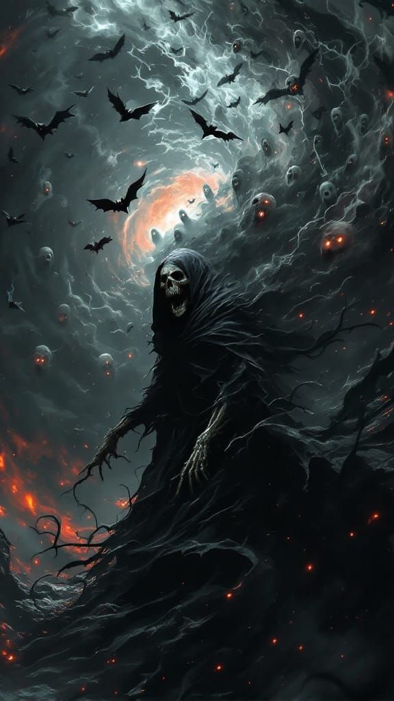 Dark Fantasy Horror Masterpiece: Menacing Reaper in Swirling...