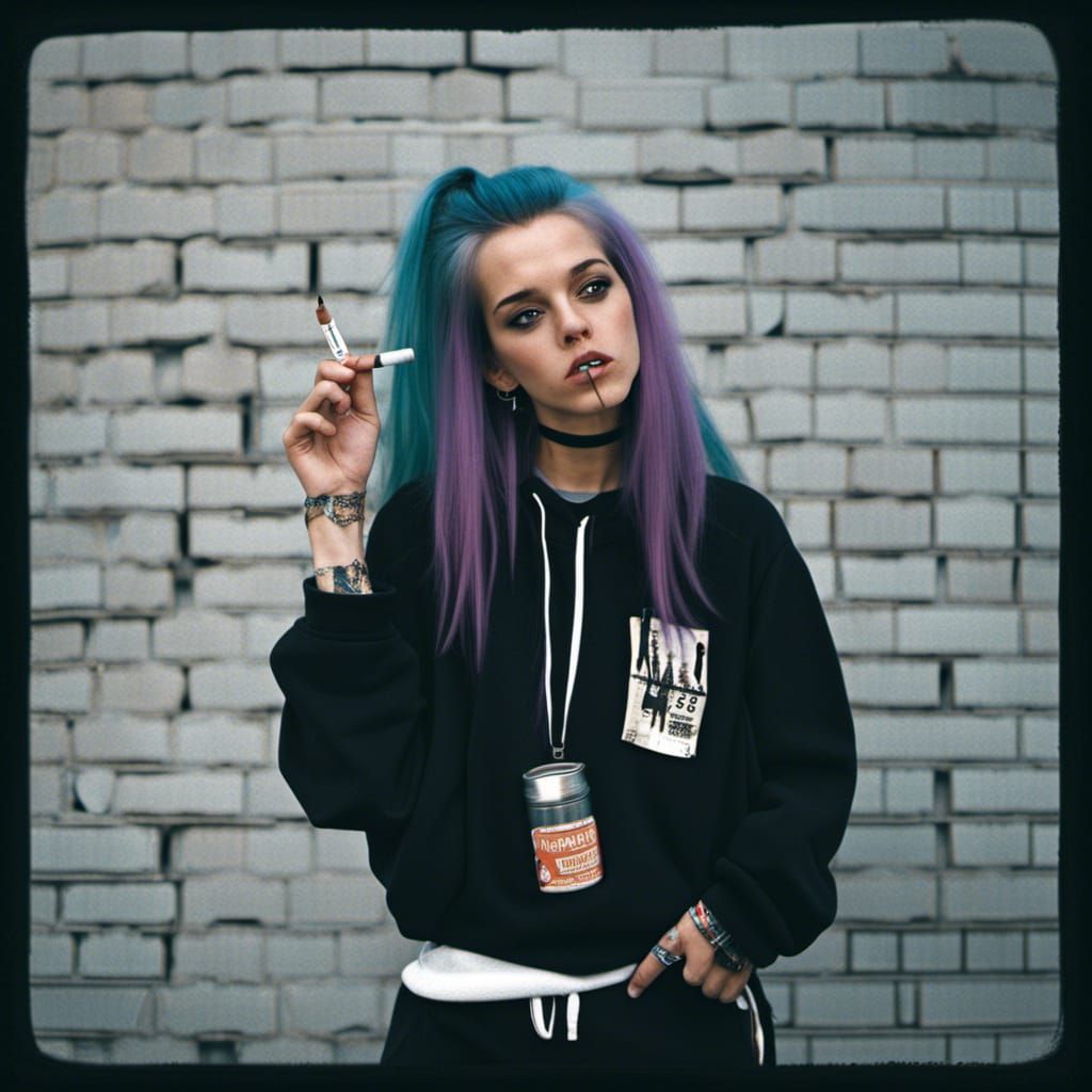 Grunge Girl Smoking Cigarette in Baggy Sweatsuit
