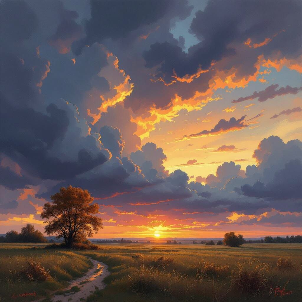 Dramatic Autumn Storm with Sunset, Romantic Landscape