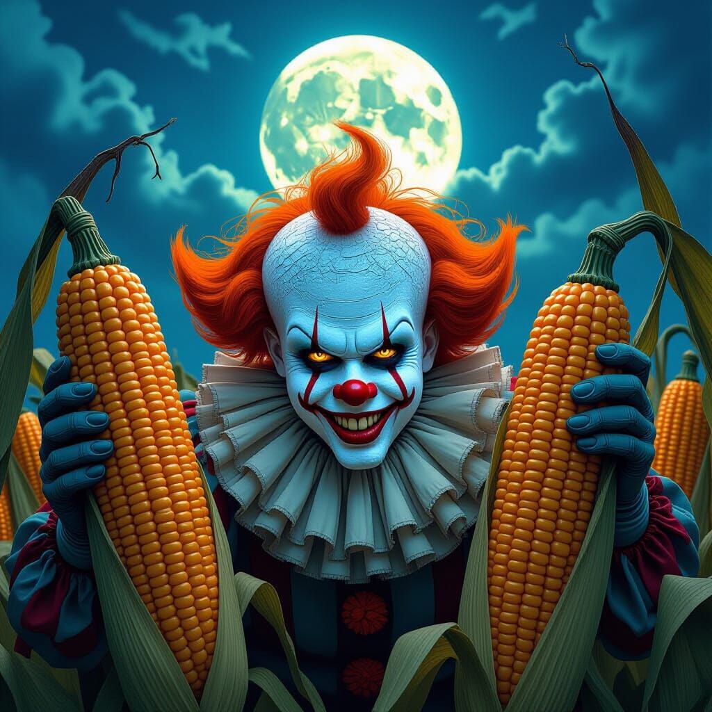 Creepy Clown in Cornfield Under Moonlit Sky