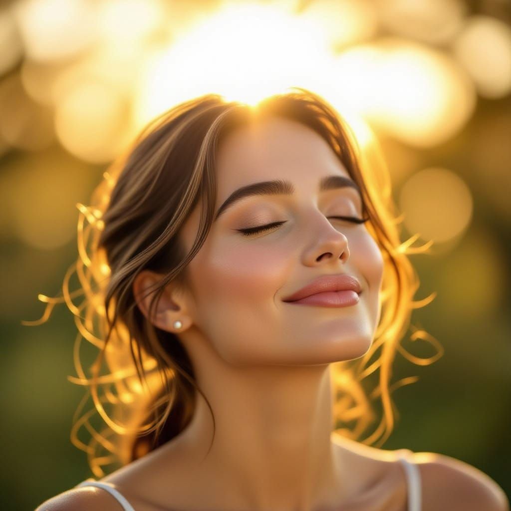 Hyperrealistic Woman Bathed in Sunlight, Serene Joy