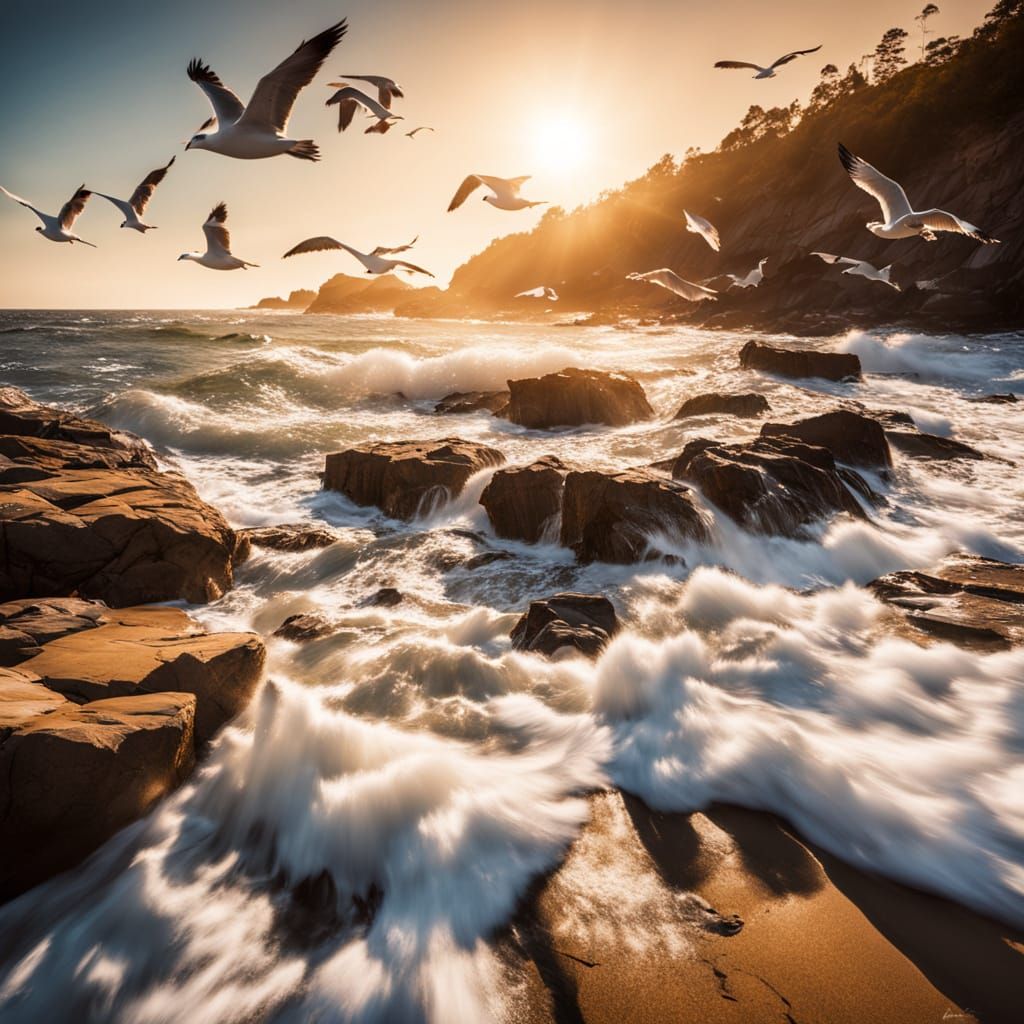 Golden Seascape Photography with Crashing Waves