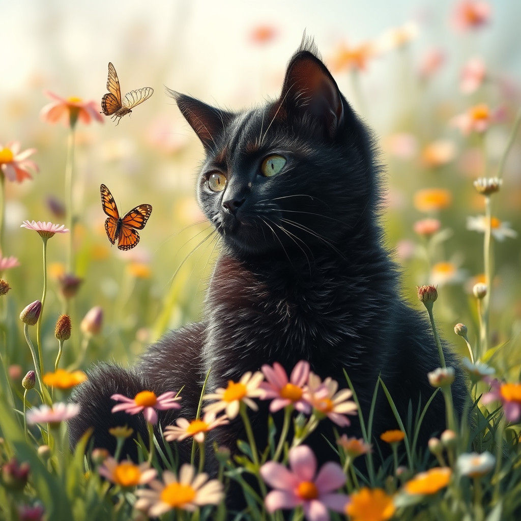 Black Cat in Spring Meadow, Oil Painting Style
