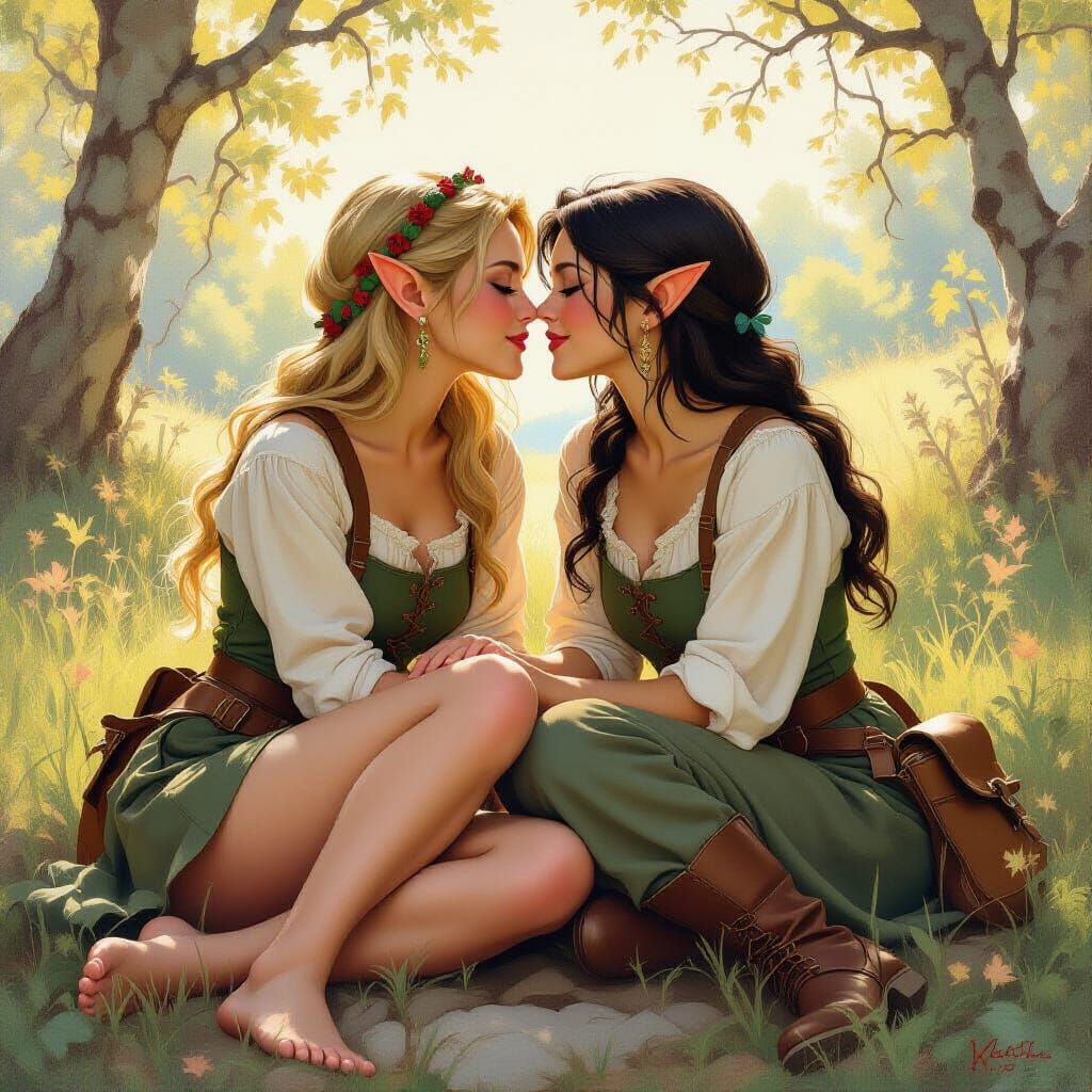 Elf Adventurers Share a Kiss in Rockwell Style
