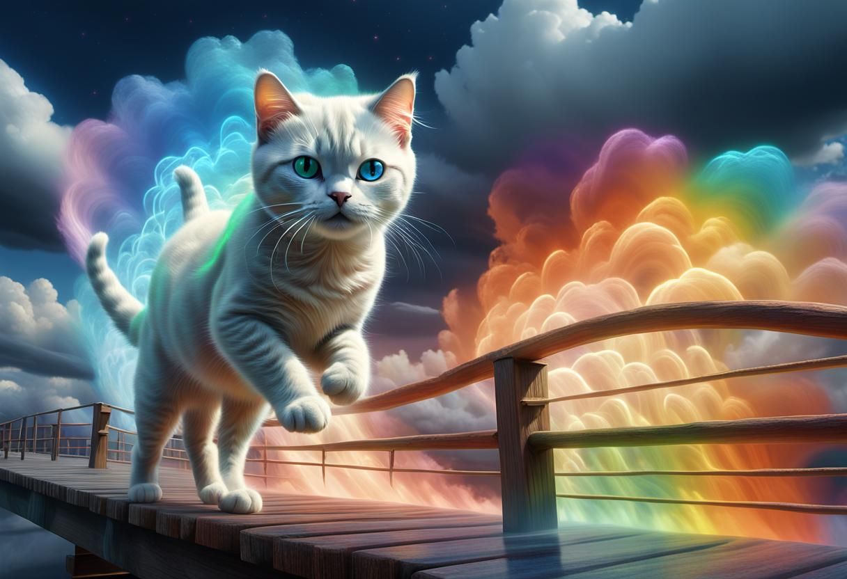 Rainbow Cloud Cat Races Across Sky Bridge
