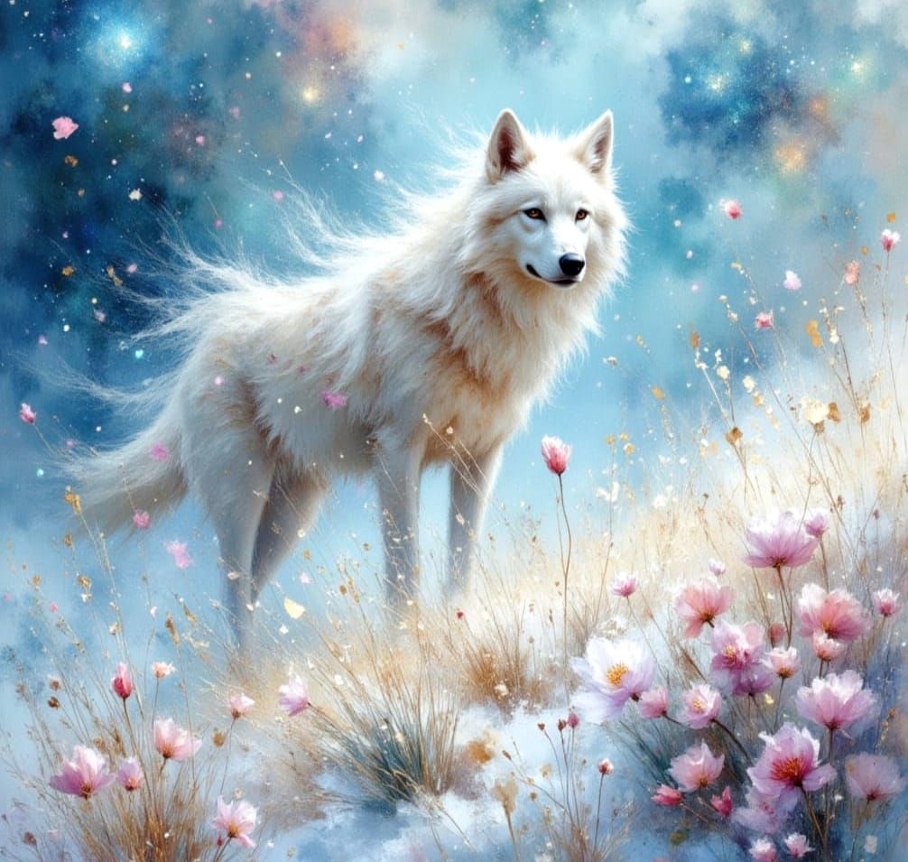 Ghostly Wolf in Cosmic Watercolour Storm