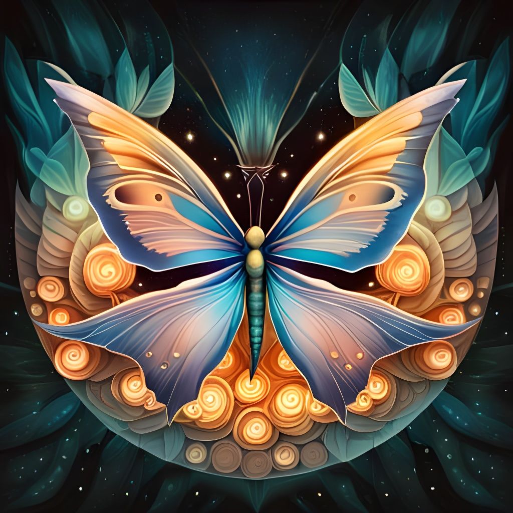 Blue Butterfly Among Stars: Digital Art Nouveau Illustration