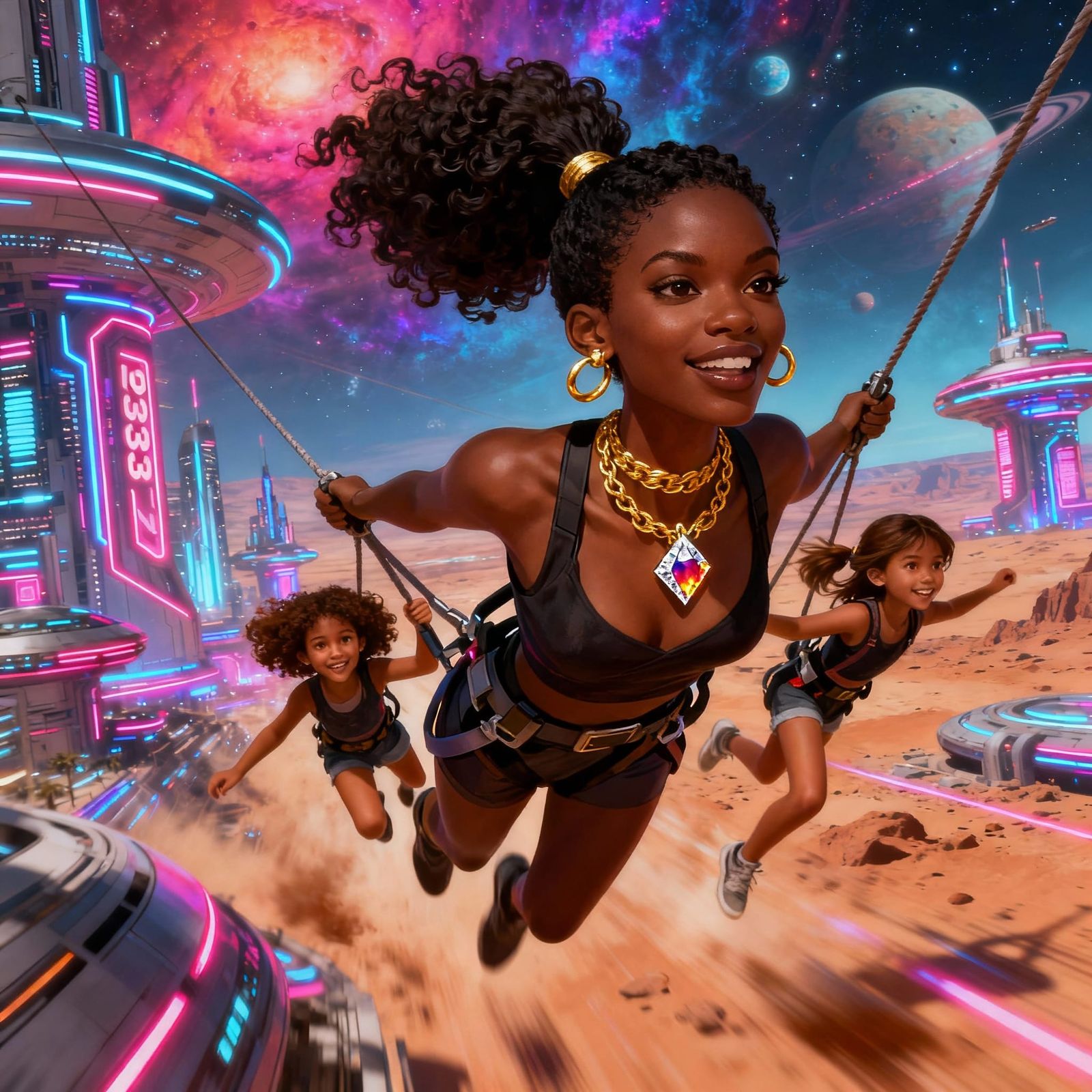 Black Mother and Daughters Zipline Through Futuristic Mars C...