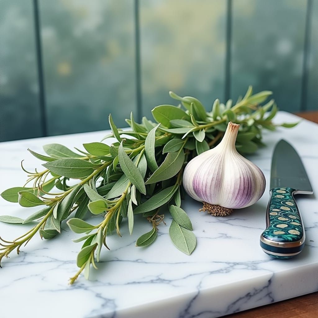 Watercolor of Sage and Garlic on Marble