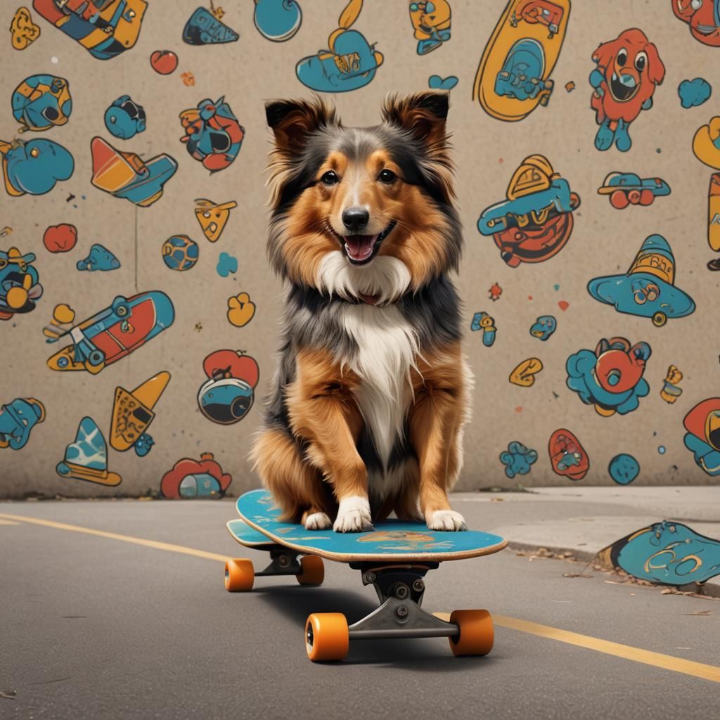 Sheltie Dog Rides a Skateboard: 70s Style