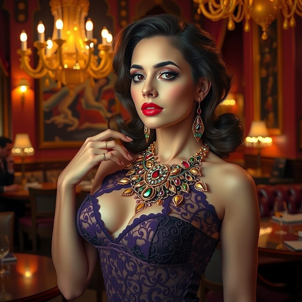 Sultry 50s Pin-Up in Opulent Nightclub Setting