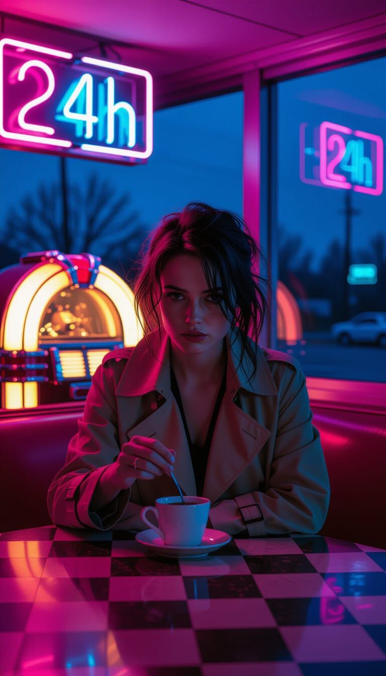 Diner at Night in Cinematic Noir Style
