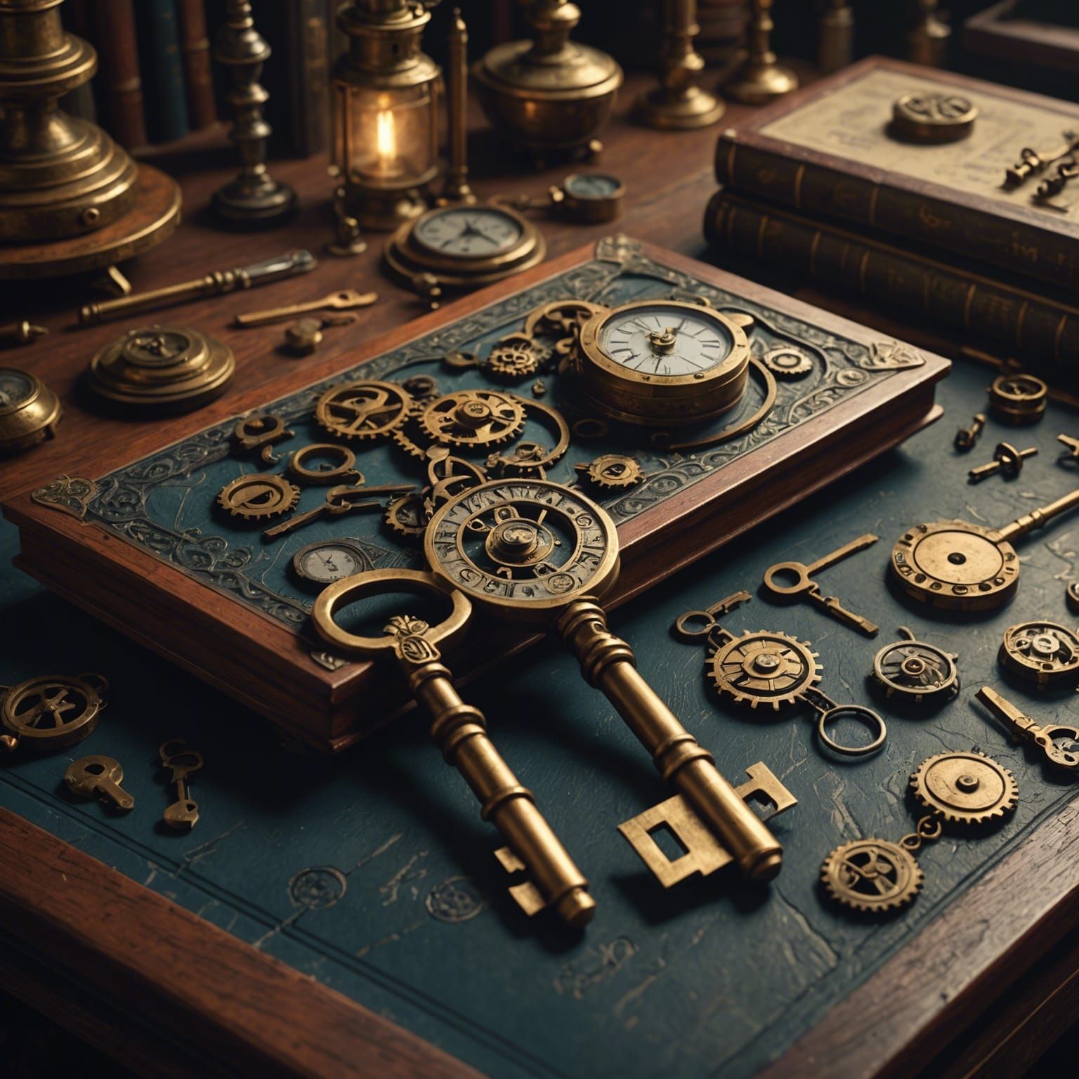 Steampunk Key on Cluttered Desk in Victorian Office