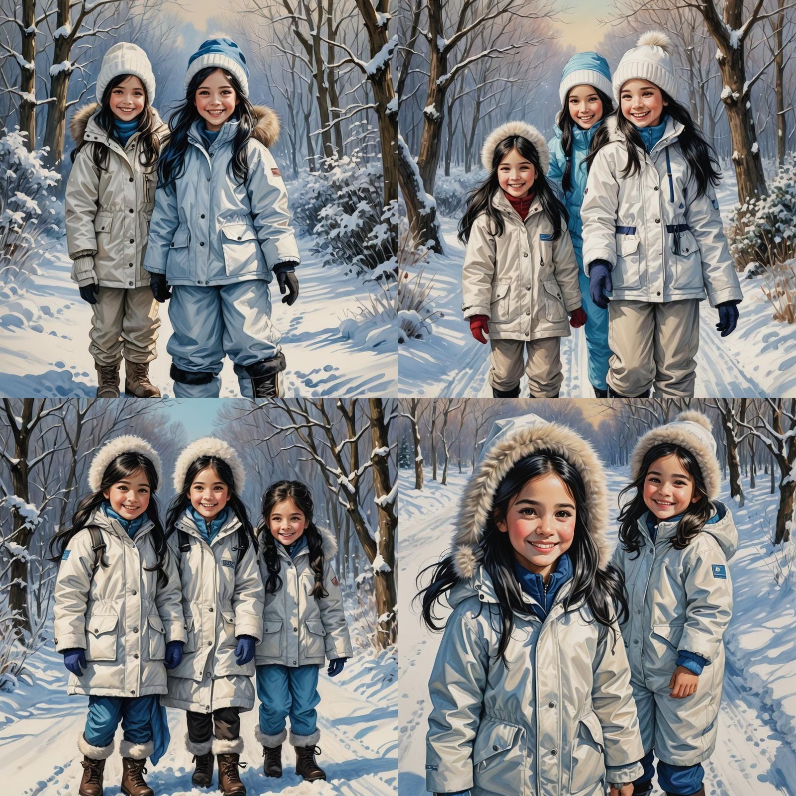 Smiling Girls in Winter, Colored Pencil Drawing