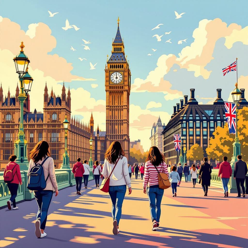 Sunny London Scene with Big Ben and Buckingham Palace