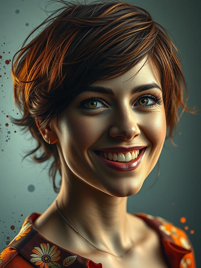 Smiling Woman Portrait with Ink Splashes, Digital Art