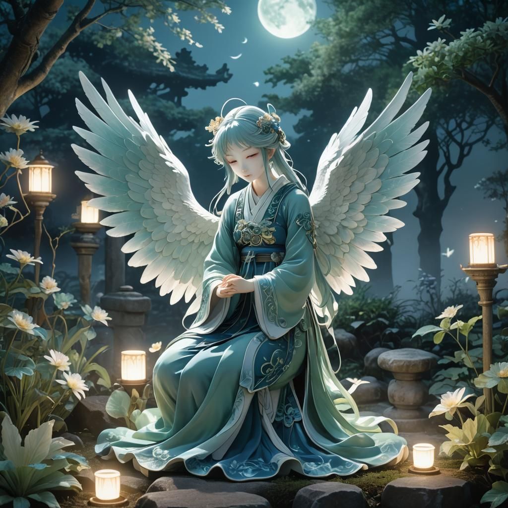Porcelain Seraphim in Moonlit Garden: Anime Style
