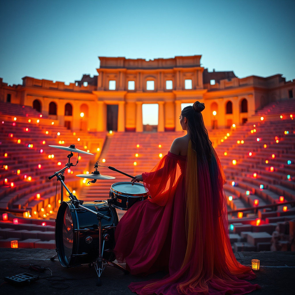 Vibrant Drum Queen in a Golden Amphitheatre