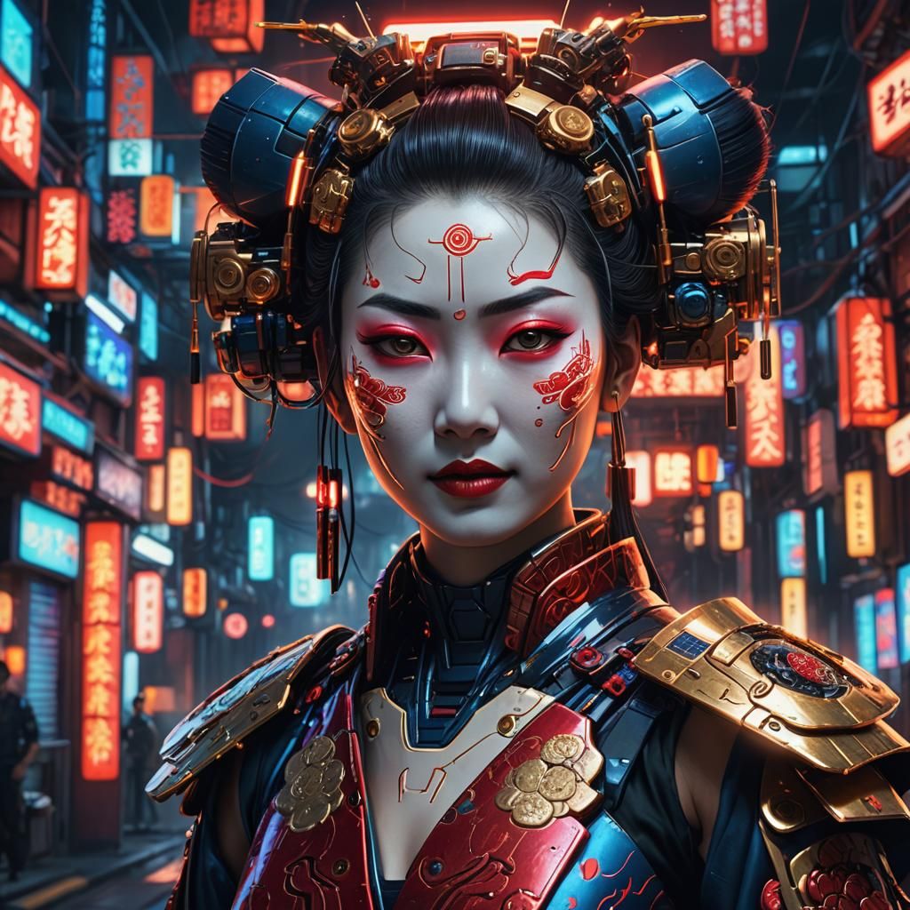 Cyberpunk Geisha Portrait with Neon Lights