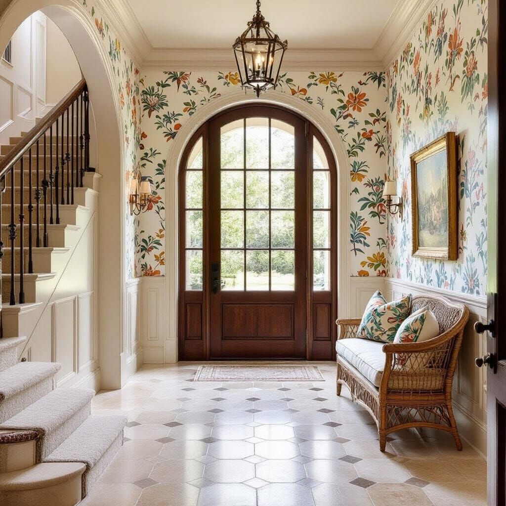 Elegant Home Entryway with Arched Door and Wallpaper