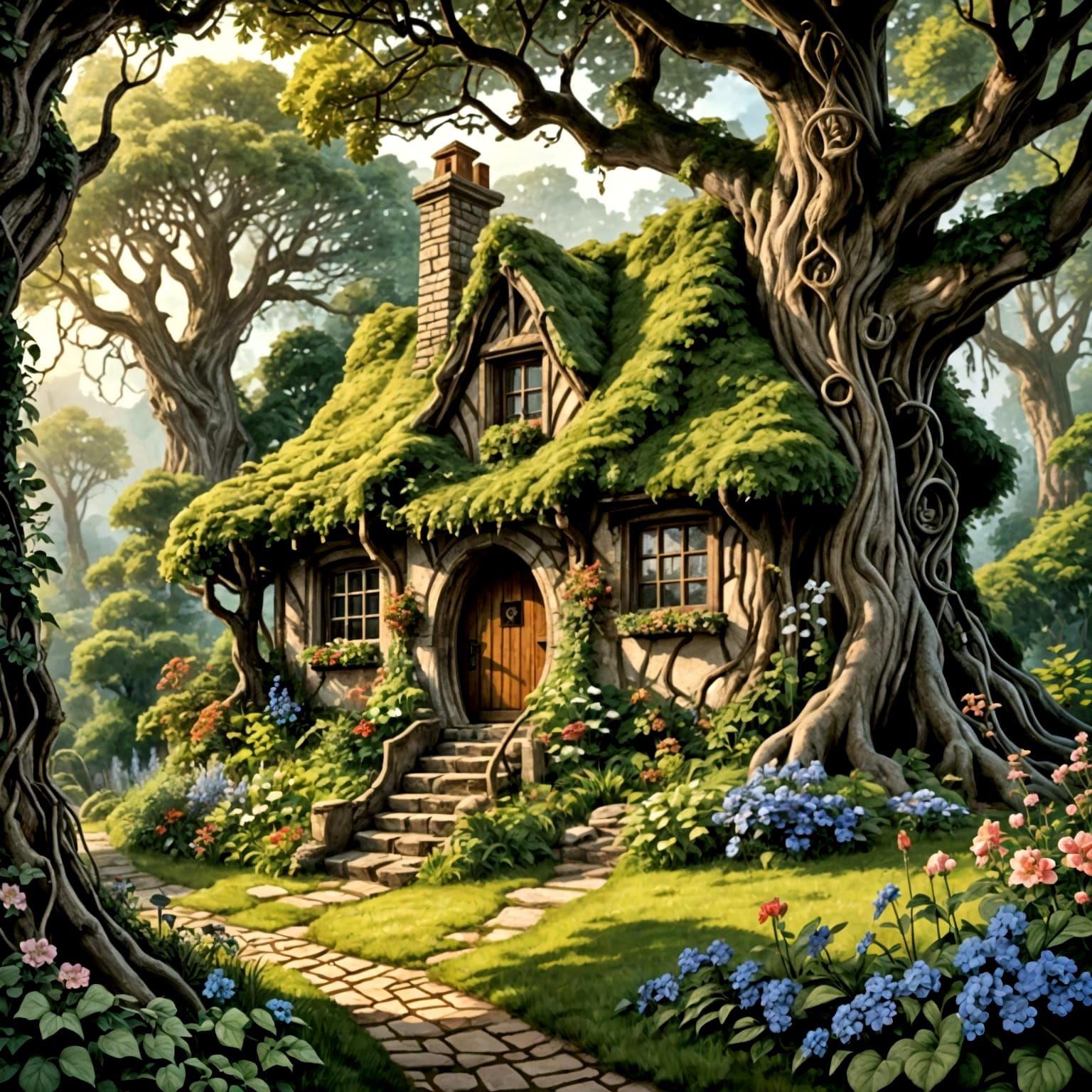 Quaint Cottage in Ancient Tree, Vintage Illustration