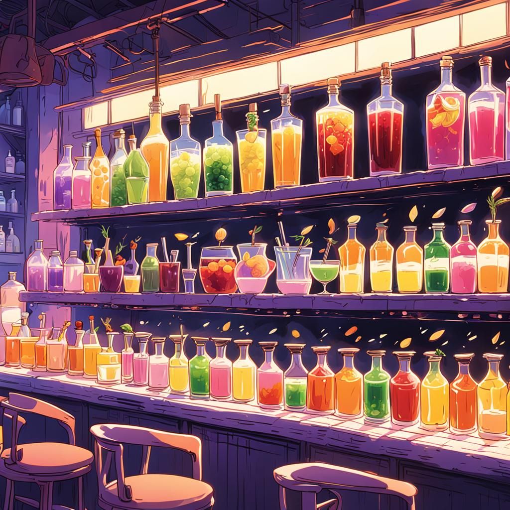 Colorful Cocktails at Bar: Studio Ghibli Anime Style