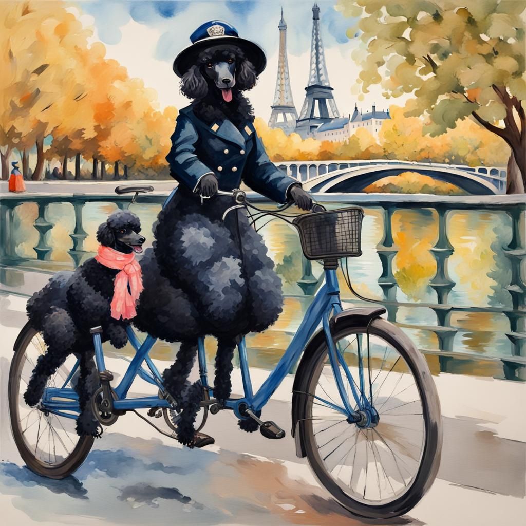 Poodle and Police Lady in Paris: Gouache Watercolor
