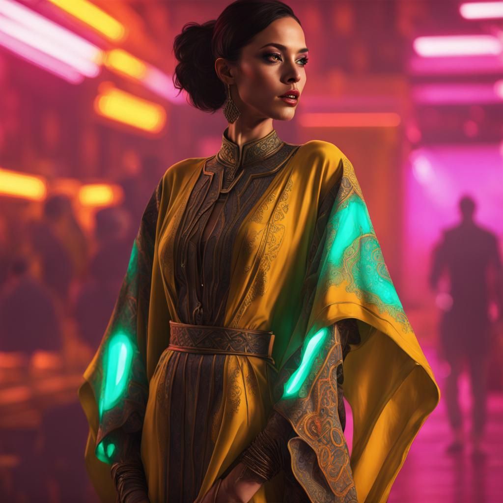 Cyberpunk Moroccan Kaftan in Neon Cityscape