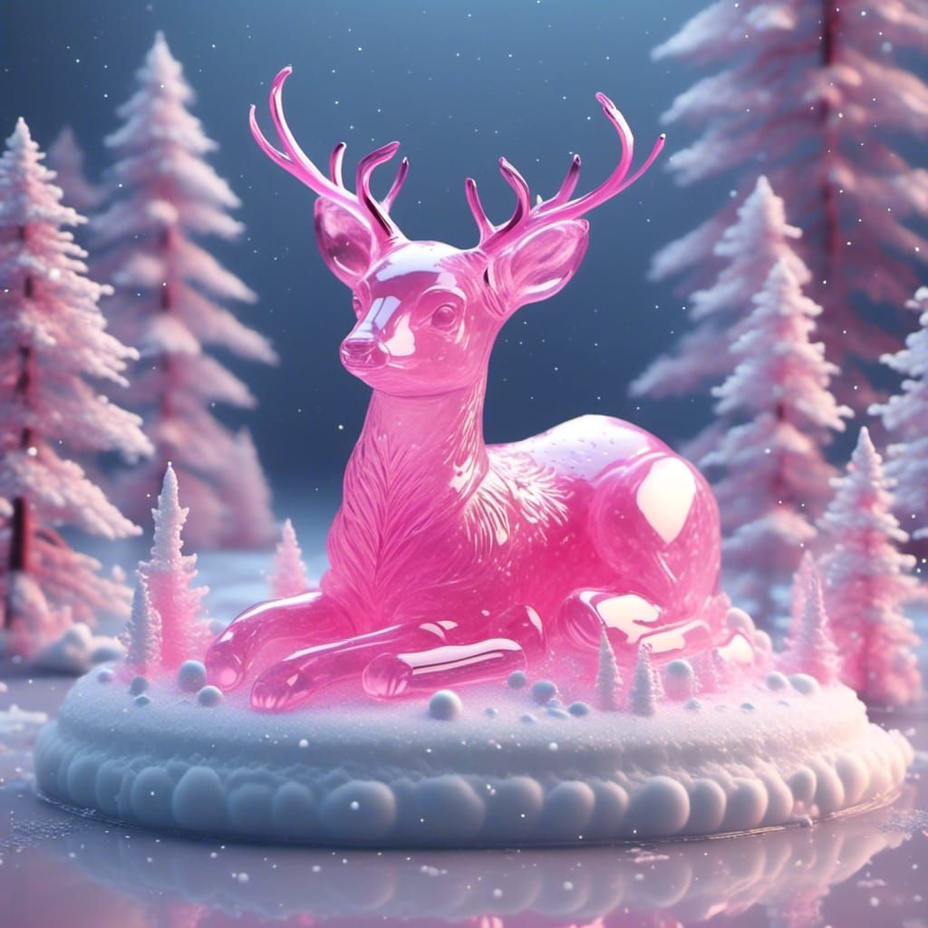 Ice Sculpture of Pink Deer in Winter Wonderland