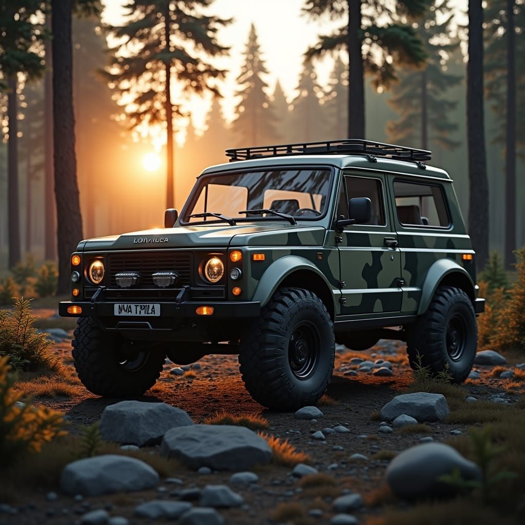 Surreal Military 4x4 in a Dense Coniferous Forest at Sunset