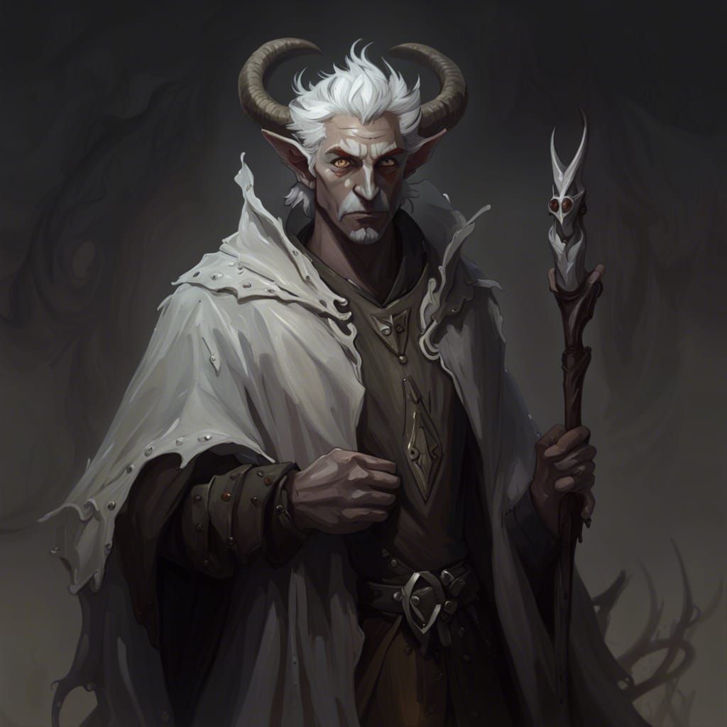 Satyr Warlock Character with Curled Horns in Horror Style